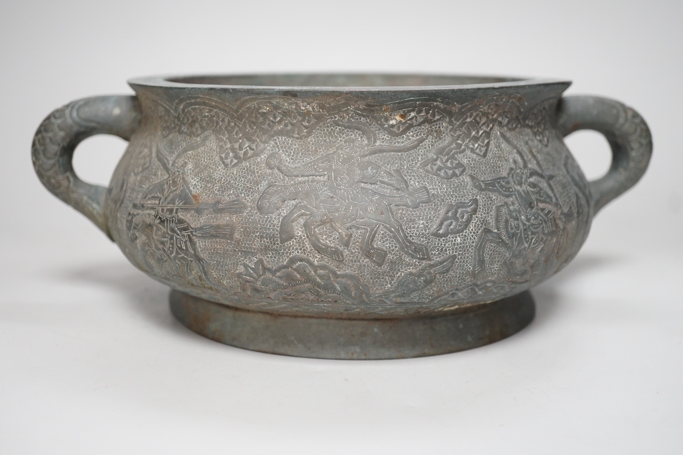 A large late 19th/early 20th century Chinese bronze censer, gui, Xuande mark, together with four Chinese figures. Tallest 12cm